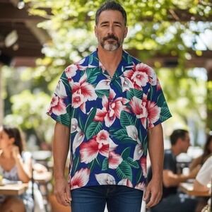 Hawaii Blues Mens Blue Floral Aloha Shirt Short Sleeve Button Up Vacation Medium